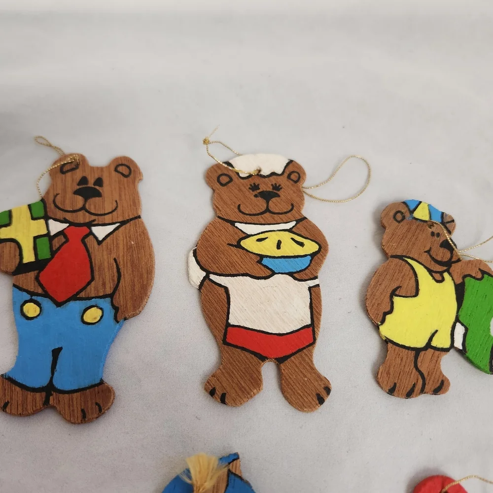 12 Flat Wooden Christmas Ornaments Vtg Bears Kids